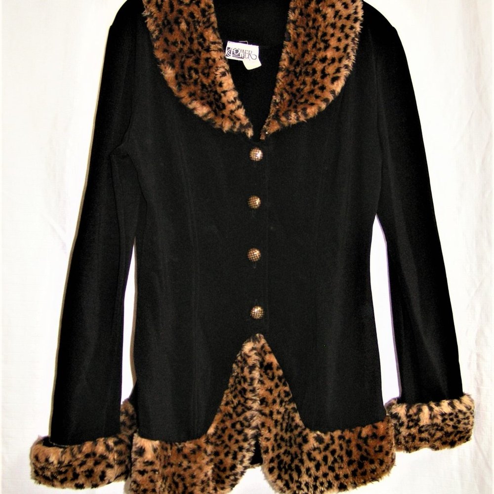 VINTAGE BLACK JACKET WITH LEOPARD TRIM L